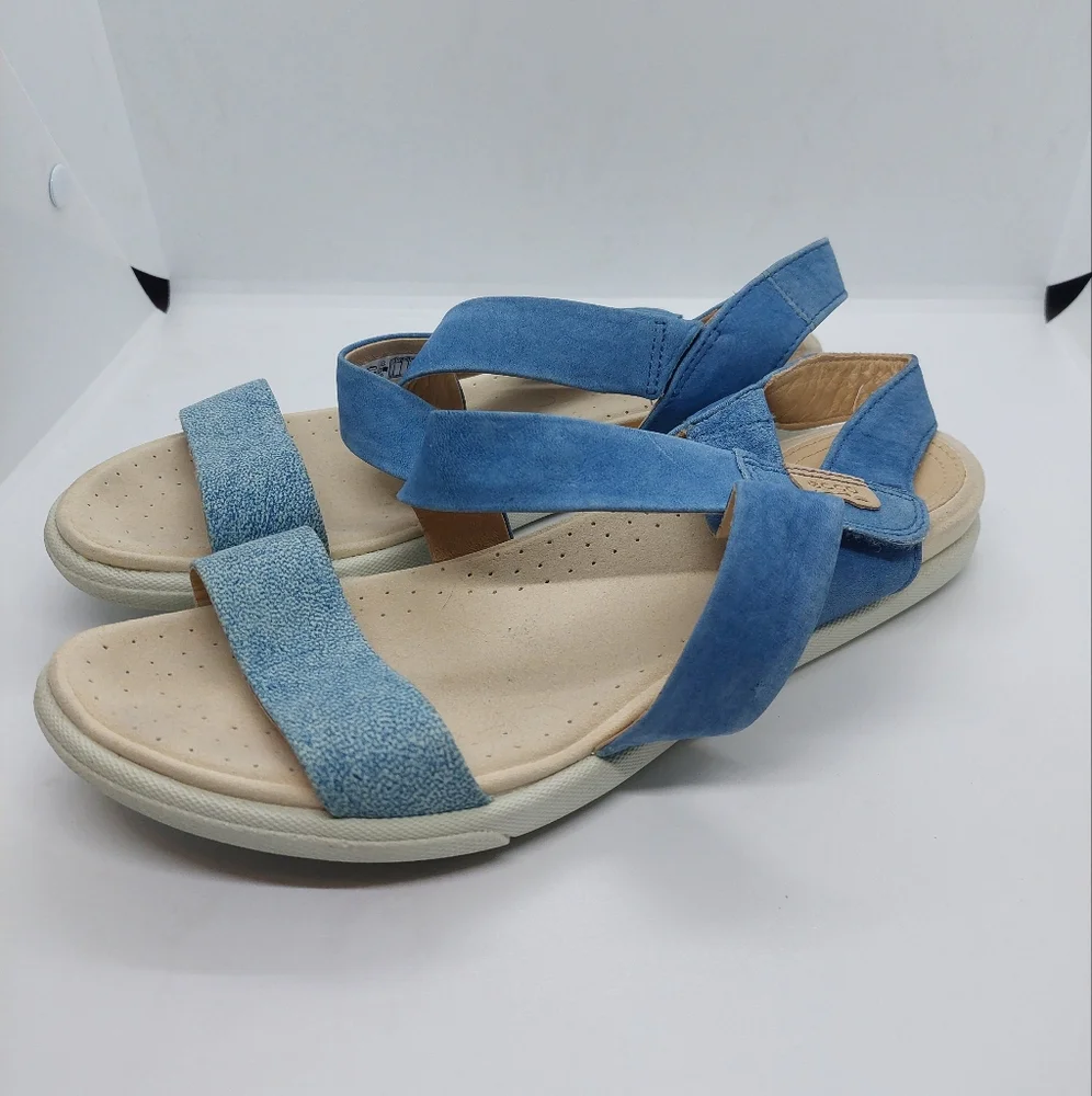 ECCO Damara Blue Criss-Cross Suede Leather Strappy Flat Sandals Shoes Women's 9